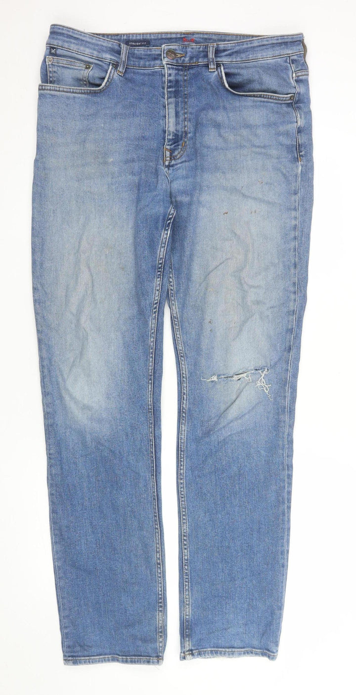 Crew Clothing Company Men's Blue 36L Straight Fit Distressed Jeans