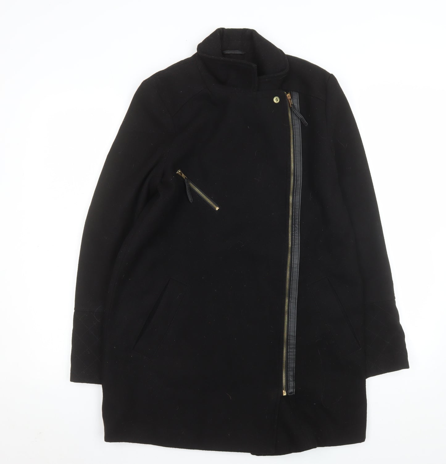 Dorothy Perkins Women’s Black Wool Biker Coat Size 12 Mid-Length Zip
