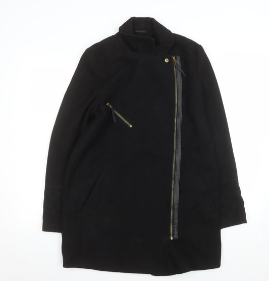 Dorothy Perkins Women’s Black Wool Biker Coat Size 12 Mid-Length Zip
