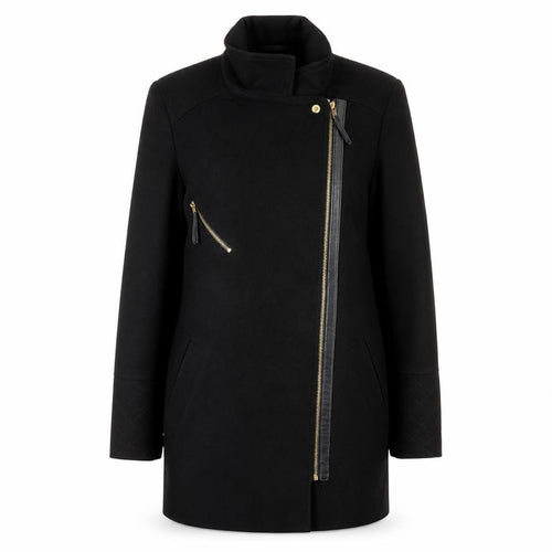 Dorothy Perkins Women’s Black Wool Biker Coat Size 12 Mid-Length Zip