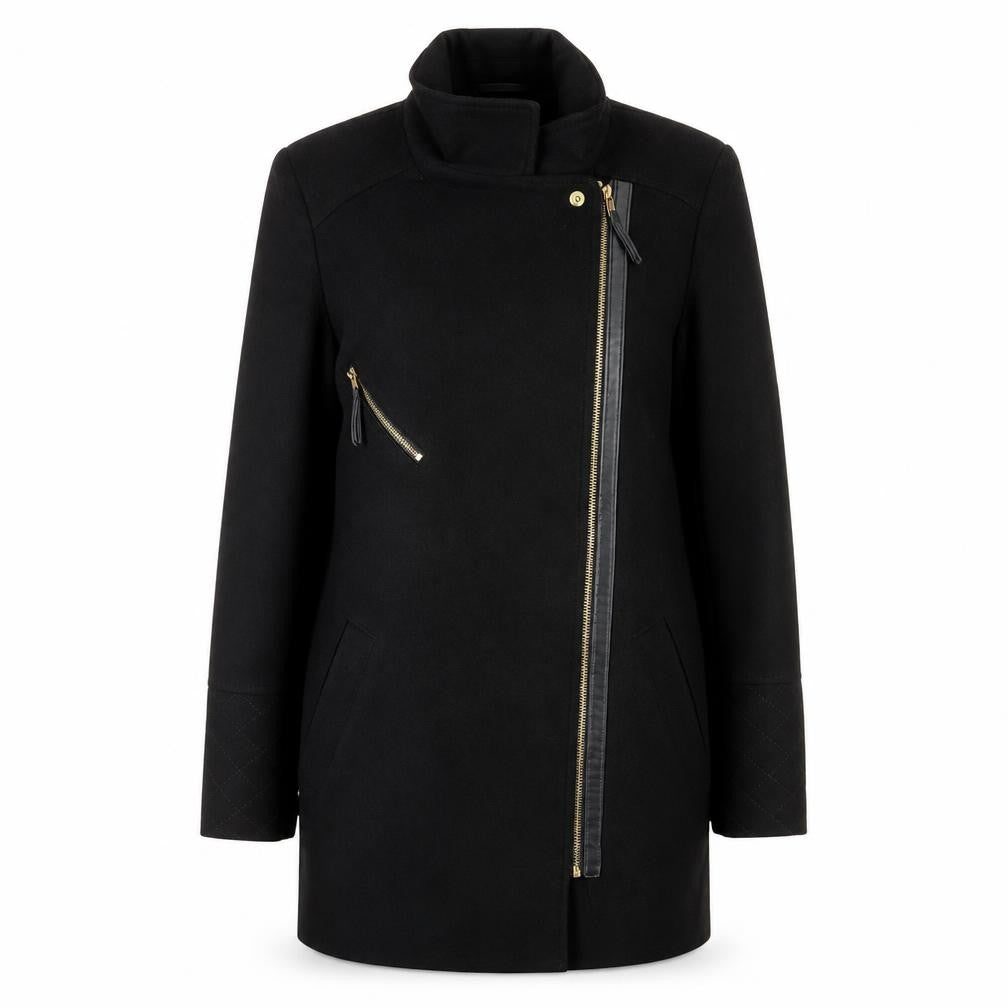 Dorothy Perkins Women’s Black Wool Biker Coat Size 12 Mid-Length Zip