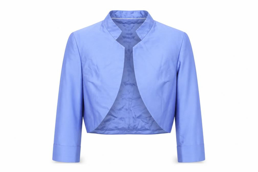 Front view of Alexon Women's Blue Cropped Silk Wool Bolero Jacket, size 16