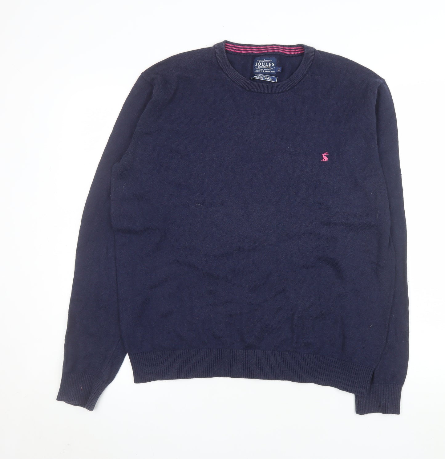 Joules Men's Navy Blue Merino Wool Cotton Crew Neck Jumper Size L