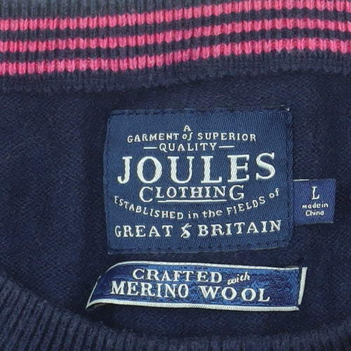 Joules Men's Navy Blue Merino Wool Cotton Crew Neck Jumper Size L