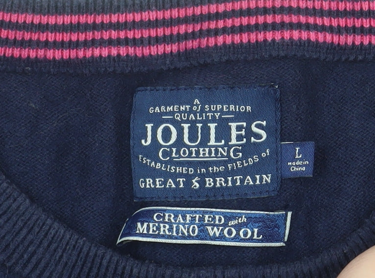 Joules Men's Navy Blue Merino Wool Cotton Crew Neck Jumper Size L