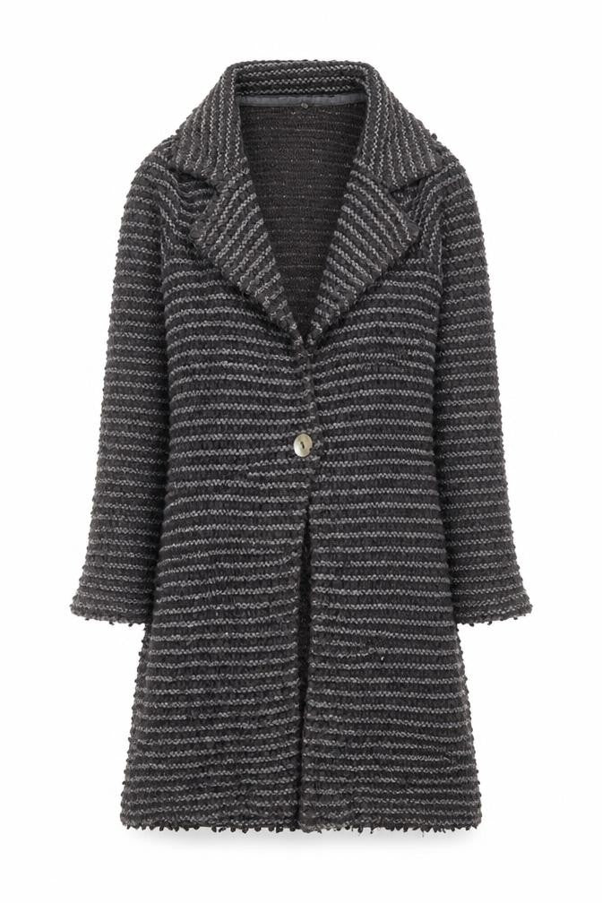 Front view of Monsoon Women Grey Wool Blend Striped Long Cardigan, size 10