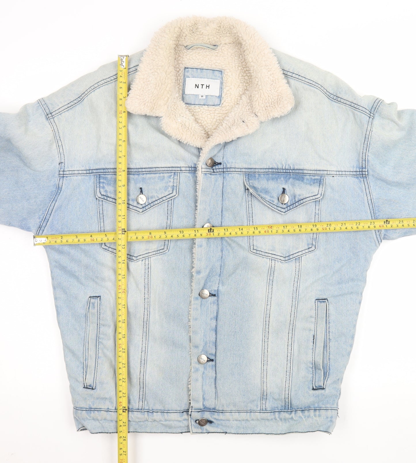 NTH Mens Blue Denim Sherpa Lined Bomber Jacket Size M