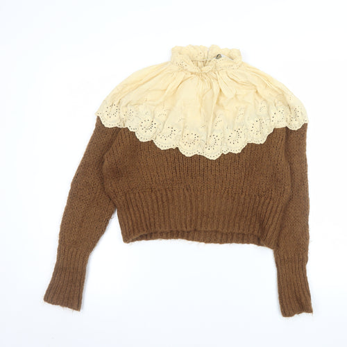 Zara Women Brown Chunky-Knit Lace High Neck Jumper Size 12