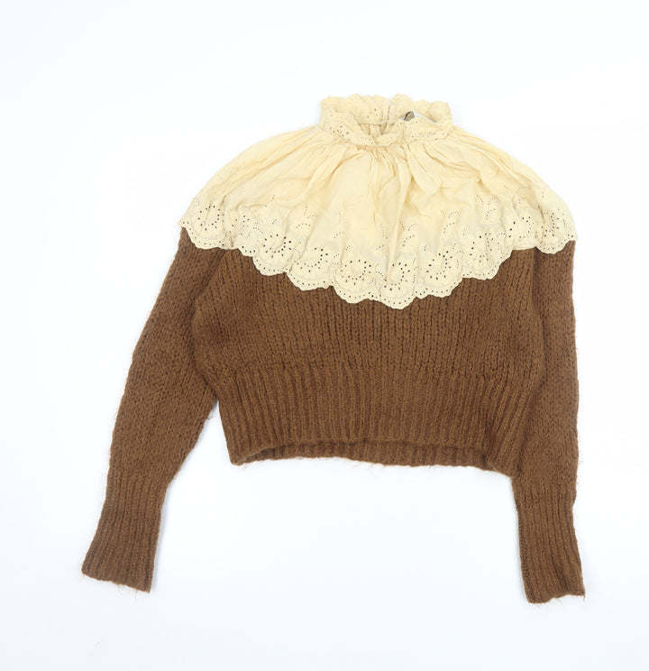 Zara Women Brown Chunky-Knit Lace High Neck Jumper Size 12