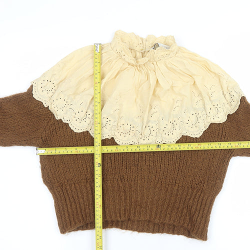 Zara Women Brown Chunky-Knit Lace High Neck Jumper Size 12