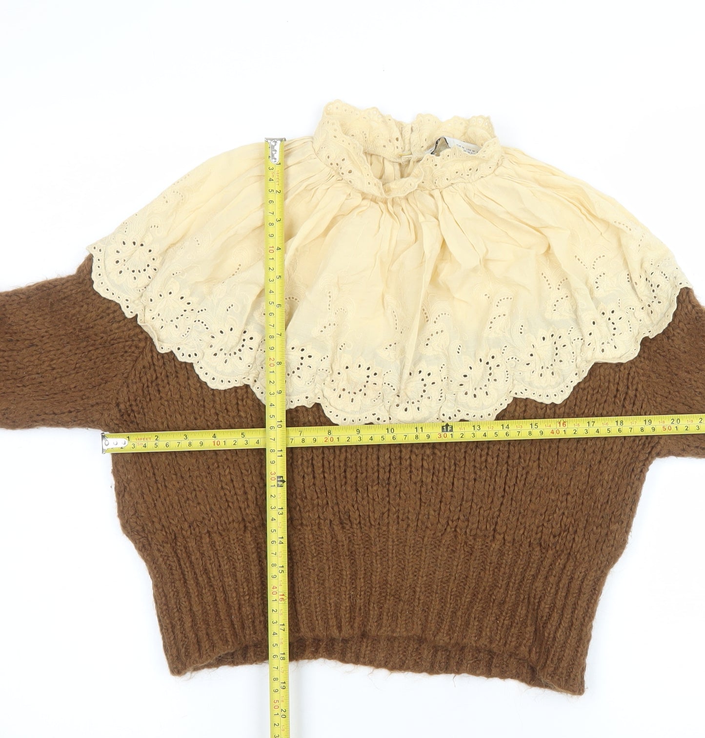 Zara Women Brown Chunky-Knit Lace High Neck Jumper Size 12