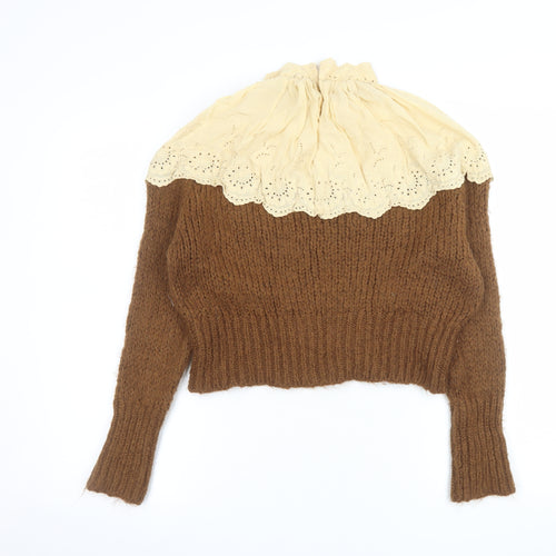Zara Women Brown Chunky-Knit Lace High Neck Jumper Size 12