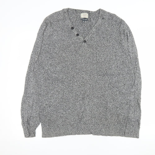 George Men’s Grey Cotton Chunky Knit V-Neck Button Pullover Jumper Medium
