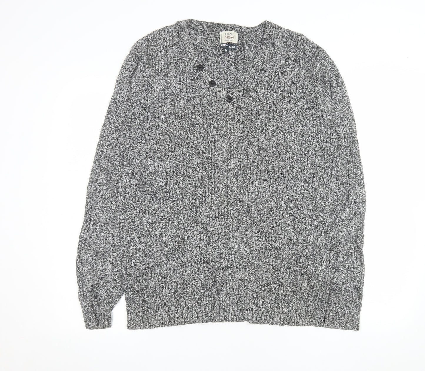 George Men’s Grey Cotton Chunky Knit V-Neck Button Pullover Jumper Medium