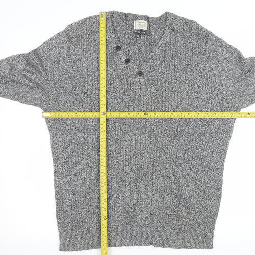 George Men’s Grey Cotton Chunky Knit V-Neck Button Pullover Jumper Medium