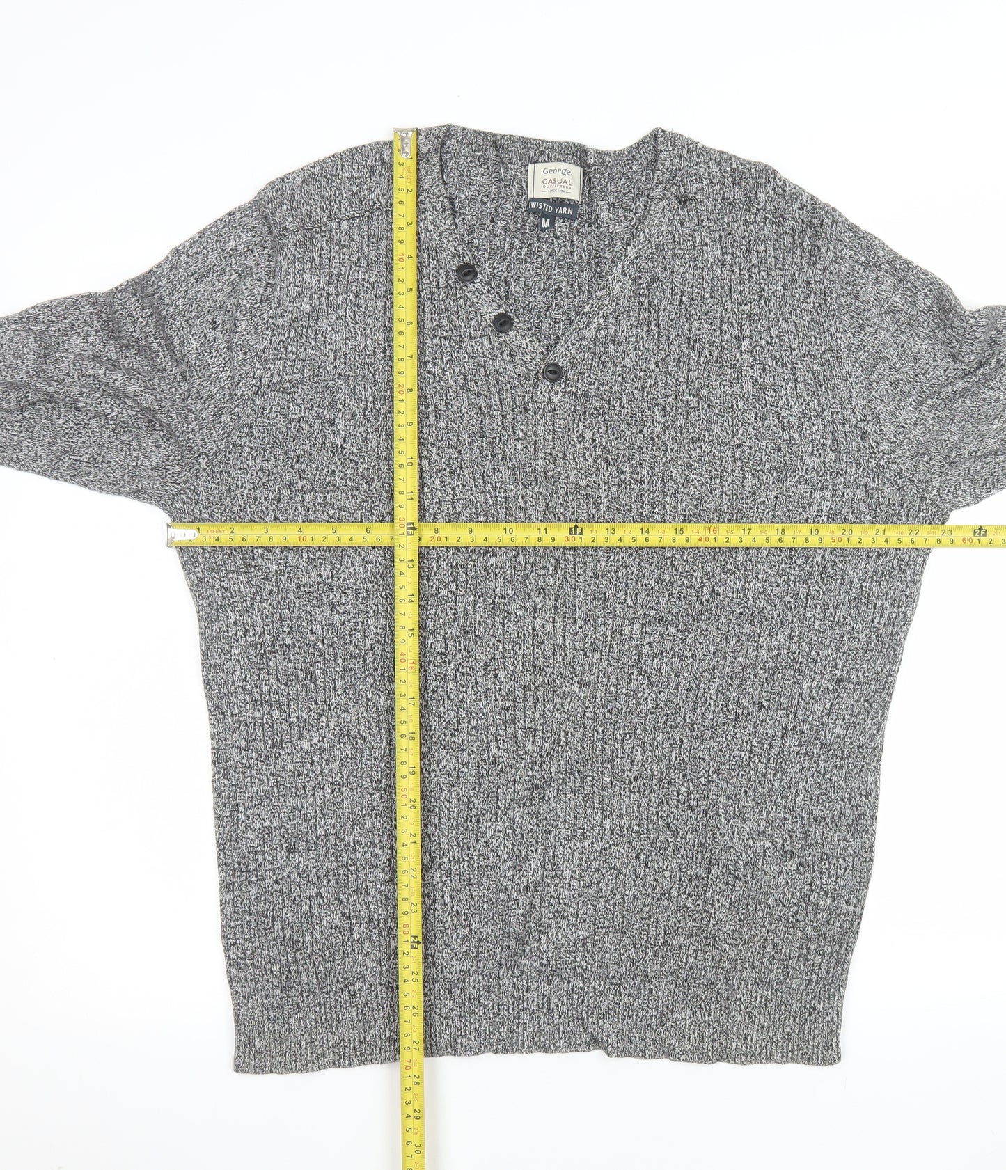 George Men’s Grey Cotton Chunky Knit V-Neck Button Pullover Jumper Medium