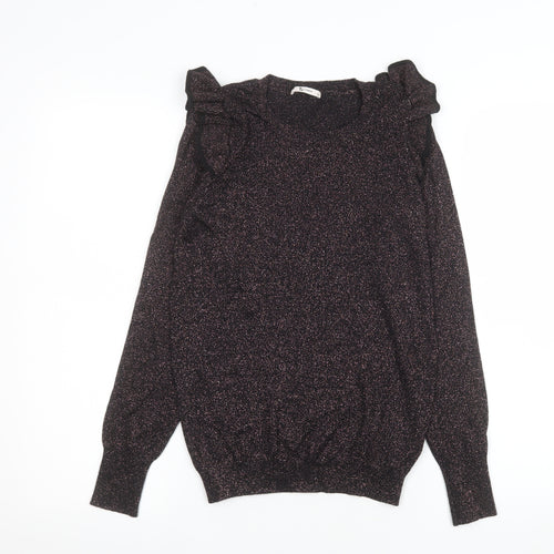 Tu Woman Black Glitter Ruffle Long Sleeve Knitted Blouse Size 8