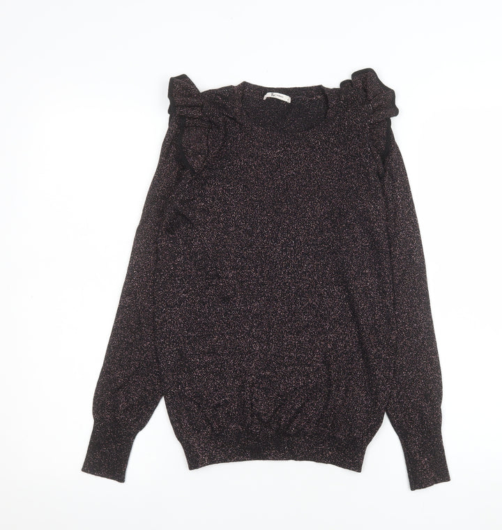 Tu Woman Black Glitter Ruffle Long Sleeve Knitted Blouse Size 8