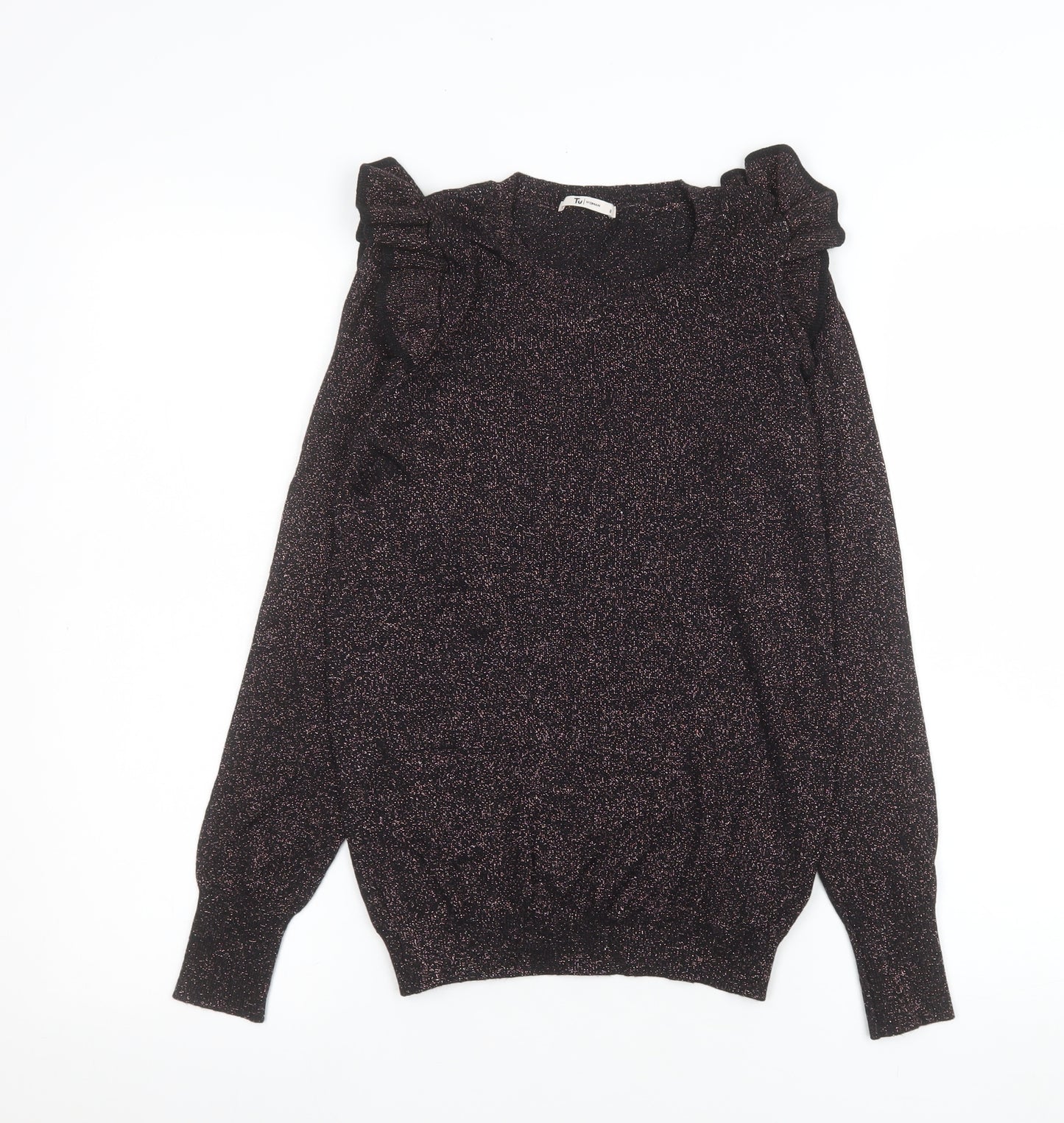 Tu Woman Black Glitter Ruffle Long Sleeve Knitted Blouse Size 8