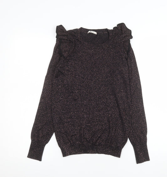 Tu Woman Black Glitter Ruffle Long Sleeve Knitted Blouse Size 8