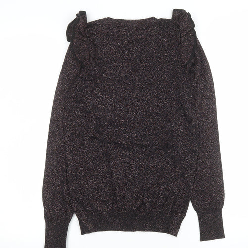 Tu Woman Black Glitter Ruffle Long Sleeve Knitted Blouse Size 8