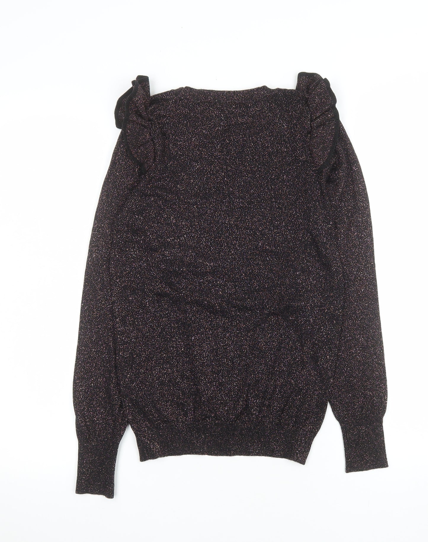 Tu Woman Black Glitter Ruffle Long Sleeve Knitted Blouse Size 8