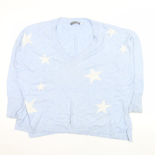 Mint Velvet Women's Blue Star V-Neck Cotton Cashmere Jumper Size M