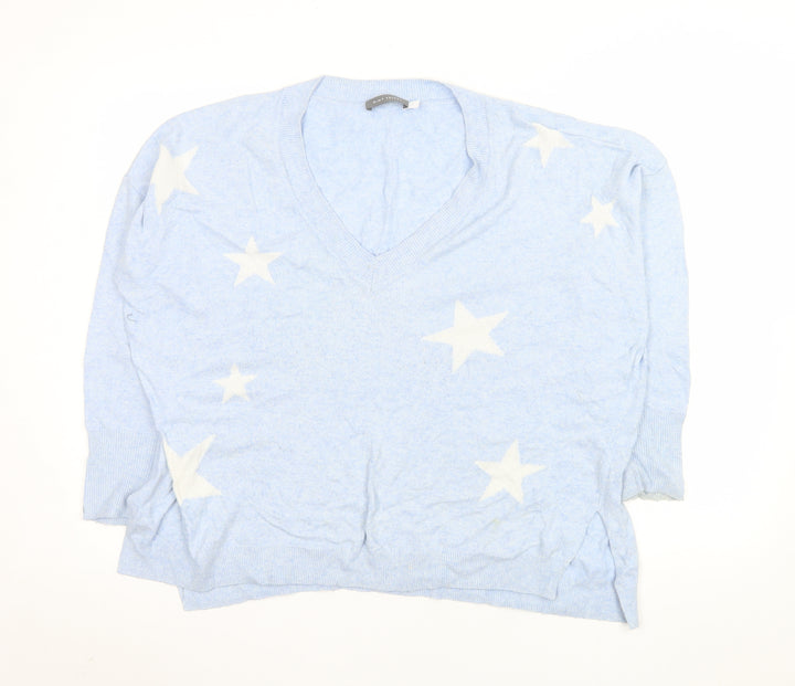 Mint Velvet Women's Blue Star V-Neck Cotton Cashmere Jumper Size M