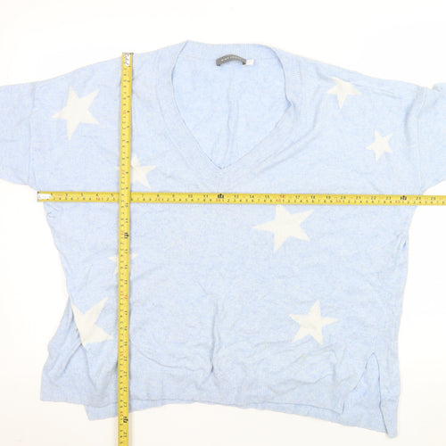 Mint Velvet Women's Blue Star V-Neck Cotton Cashmere Jumper Size M