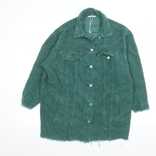 See See Women Green Corduroy Long Jacket S Button-Up Frayed Hem