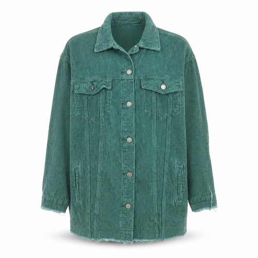 Front view of See See Women Green Corduroy Long Jacket S Button-Up Frayed Hem