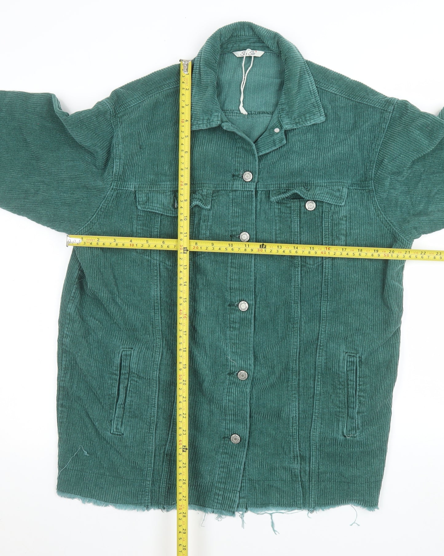 See See Women Green Corduroy Long Jacket S Button-Up Frayed Hem