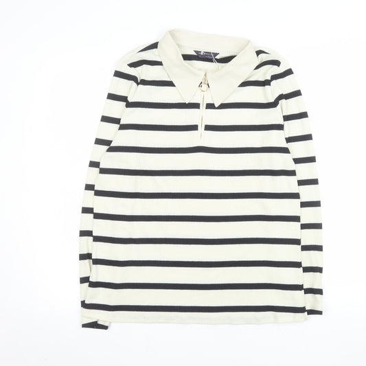 Marks and Spencer Women's White Striped Collared Henley Jumper Size 14