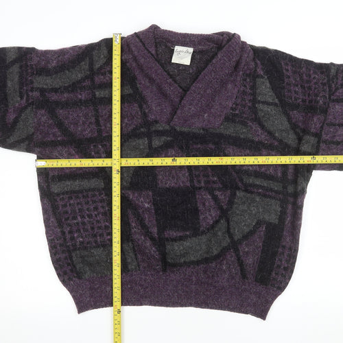 Angelo Litrico Men's Purple Geometric Wool Blend V-Neck Jumper L