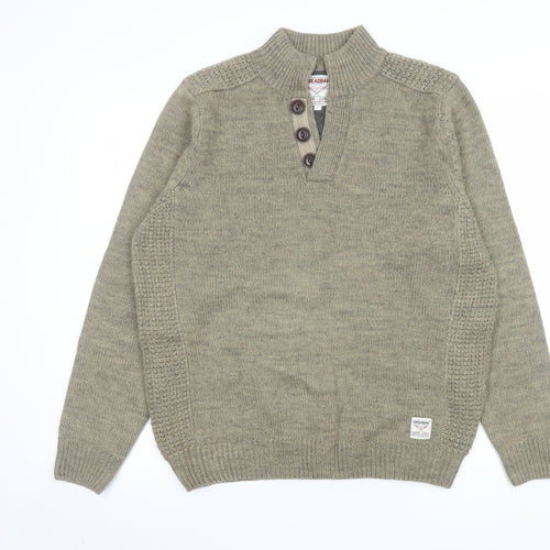 Threadbare Mens Green Henley Jumper L Wool Blend Knit Pullover