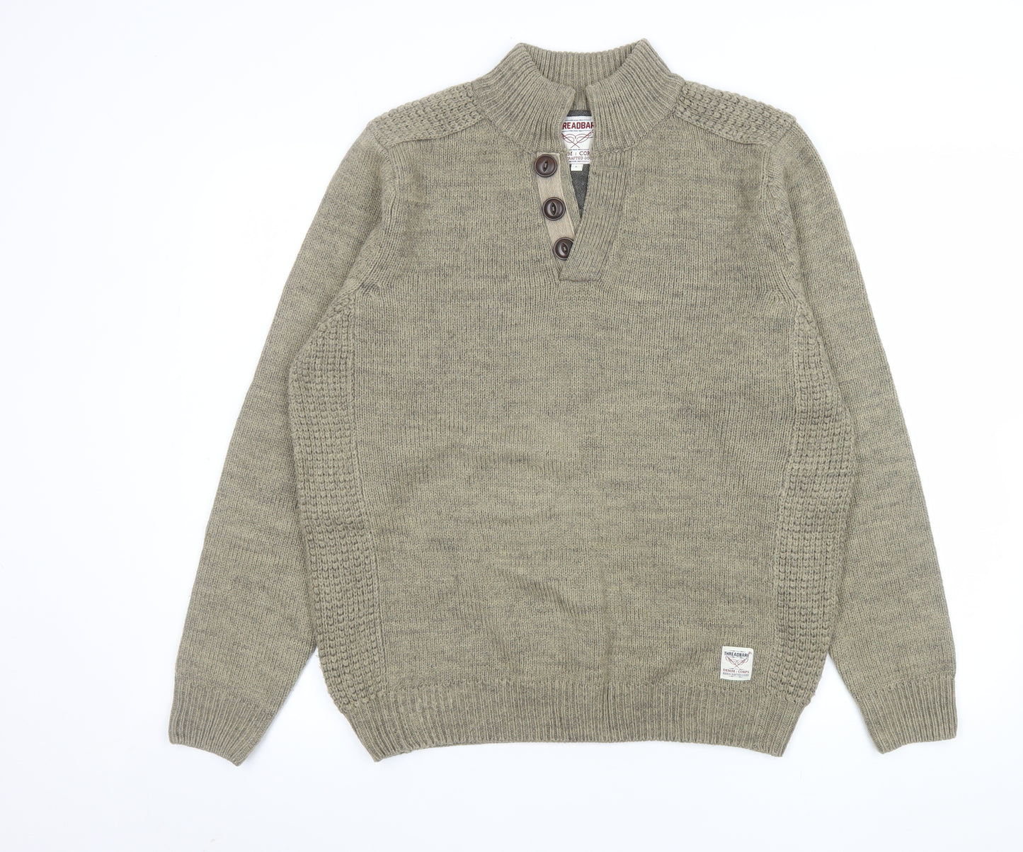 Threadbare Mens Green Henley Jumper L Wool Blend Knit Pullover