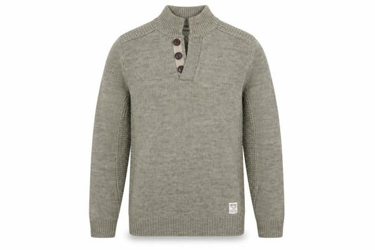 Front view of Threadbare men’s green henley jumper l wool blend knit pullover