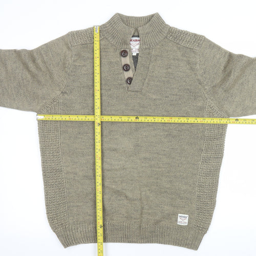 Threadbare Mens Green Henley Jumper L Wool Blend Knit Pullover