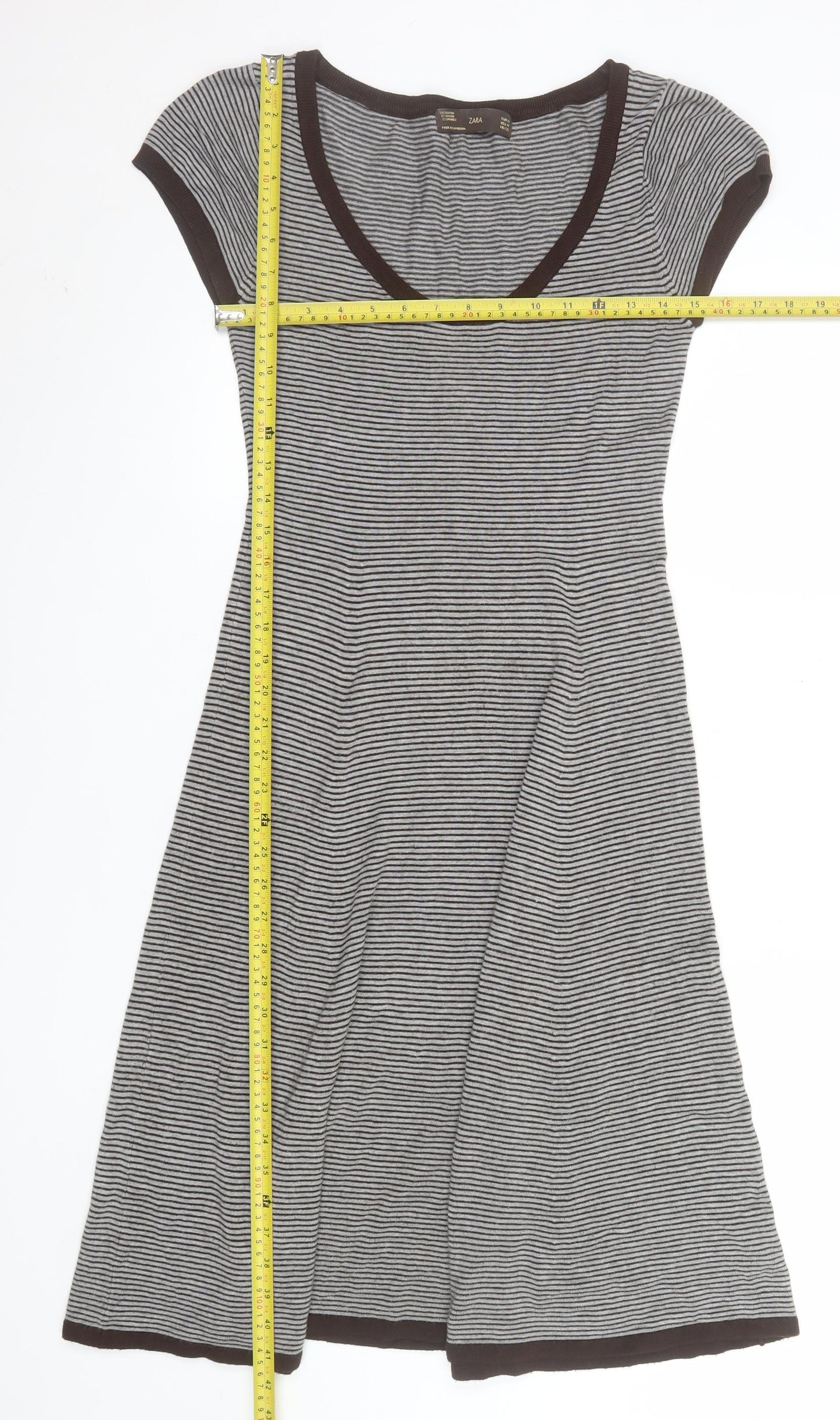 Zara Women Grey Striped Fit & Flare Knit Dress Size M