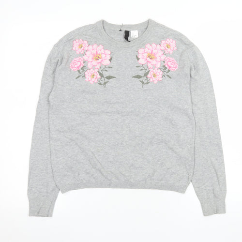 H&M Divided Women’s Grey Floral Embroidered Cotton Jumper Size S