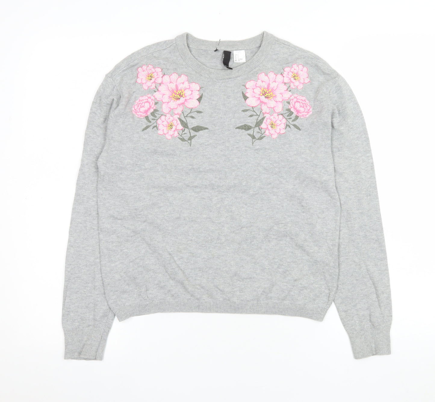 H&M Divided Women’s Grey Floral Embroidered Cotton Jumper Size S