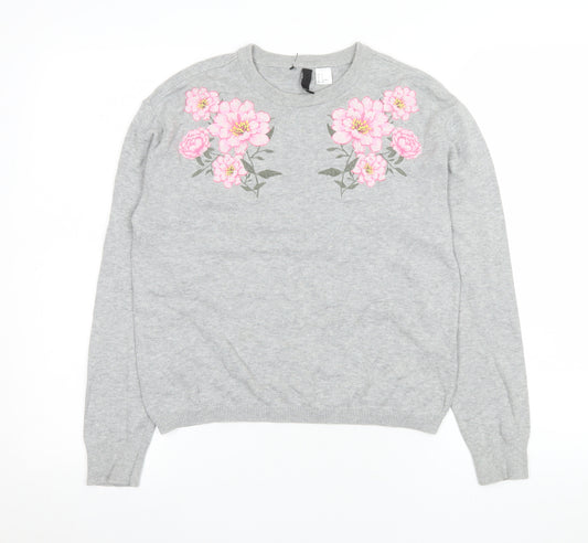 H&M Divided Women’s Grey Floral Embroidered Cotton Jumper Size S