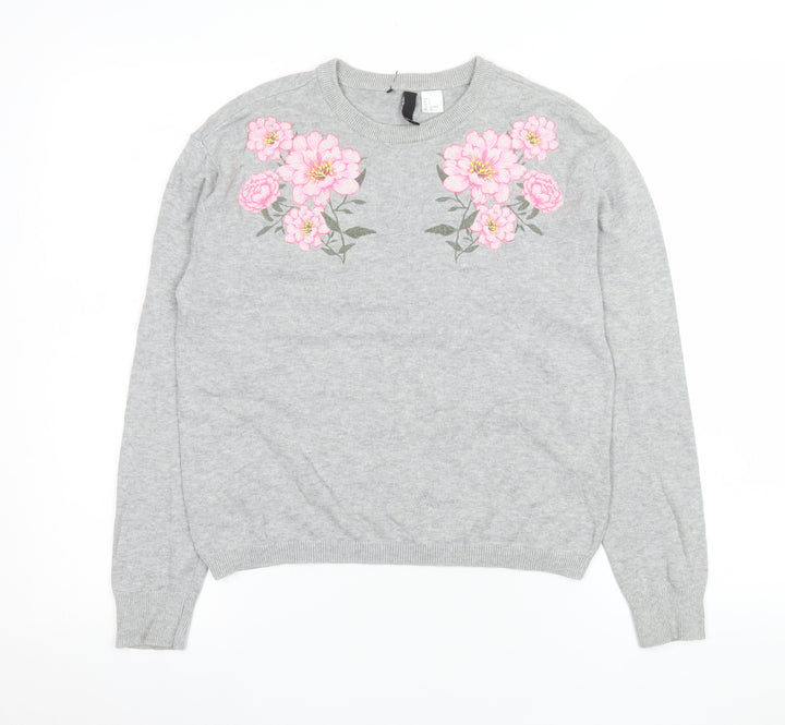 H&M Divided Women’s Grey Floral Embroidered Cotton Jumper Size S