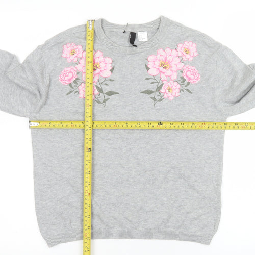 H&M Divided Women’s Grey Floral Embroidered Cotton Jumper Size S