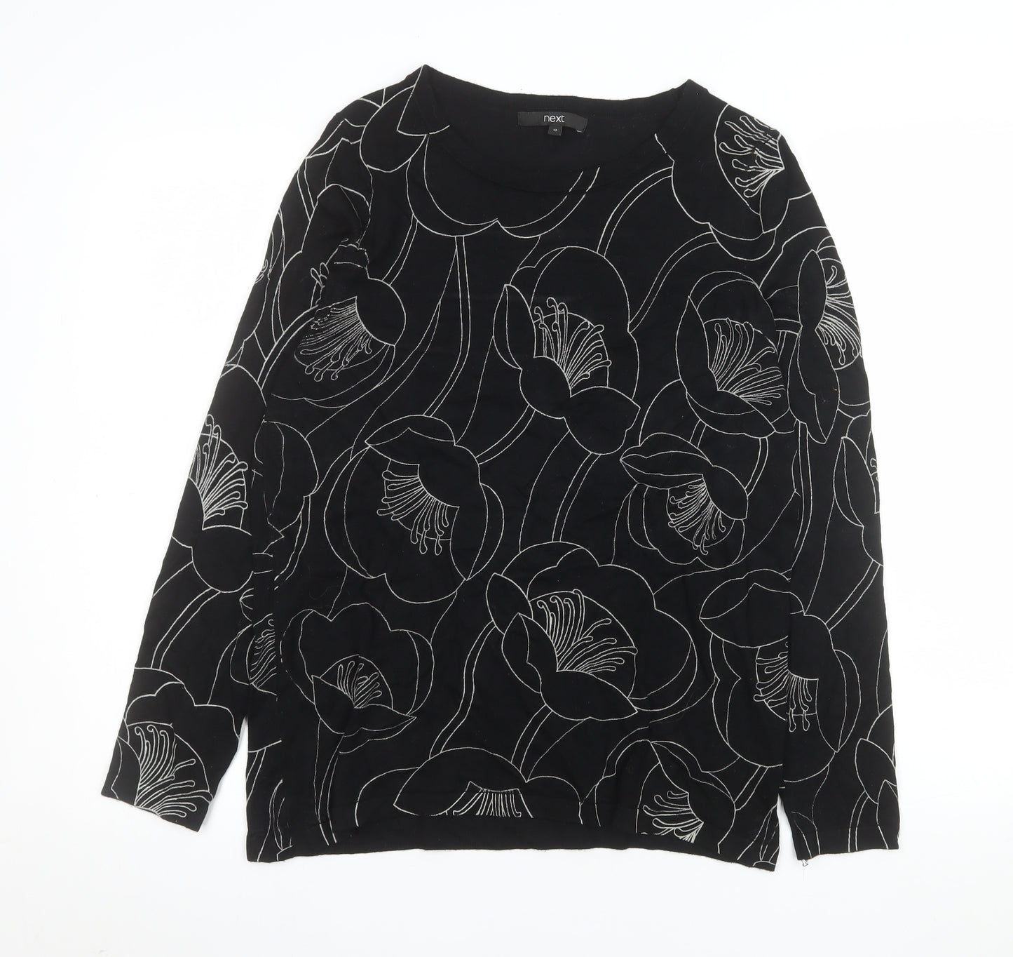 Next Womens Black Floral Pattern Jumper Size 12 Long Sleeve Knit