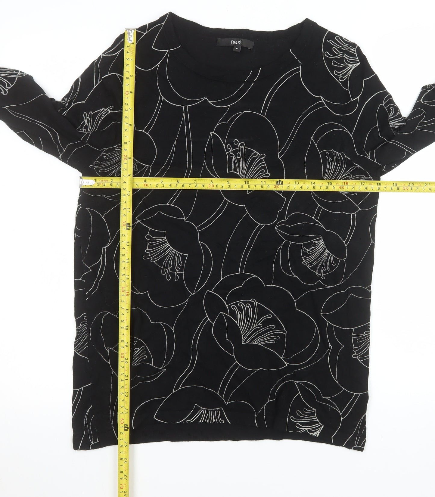 Next Womens Black Floral Pattern Jumper Size 12 Long Sleeve Knit