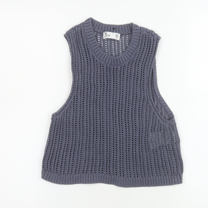 Hollister Women Grey Open Knit Cotton Vest XS Sleeveless Jumper