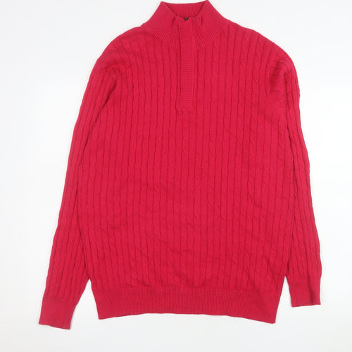 WoolOvers Women Red Cable-Knit Half Zip Jumper M Cotton Cashmere
