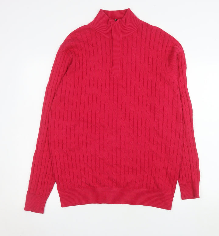 WoolOvers Women Red Cable-Knit Half Zip Jumper M Cotton Cashmere