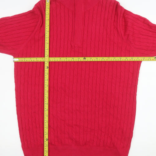 WoolOvers Women Red Cable-Knit Half Zip Jumper M Cotton Cashmere